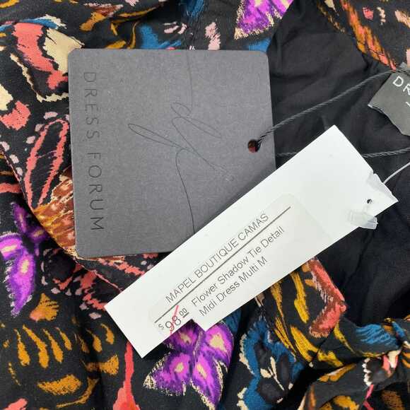 Dress Forum Black Pink Floral Tiered Midi Dress | Women M Regular - Picture 7 of 8